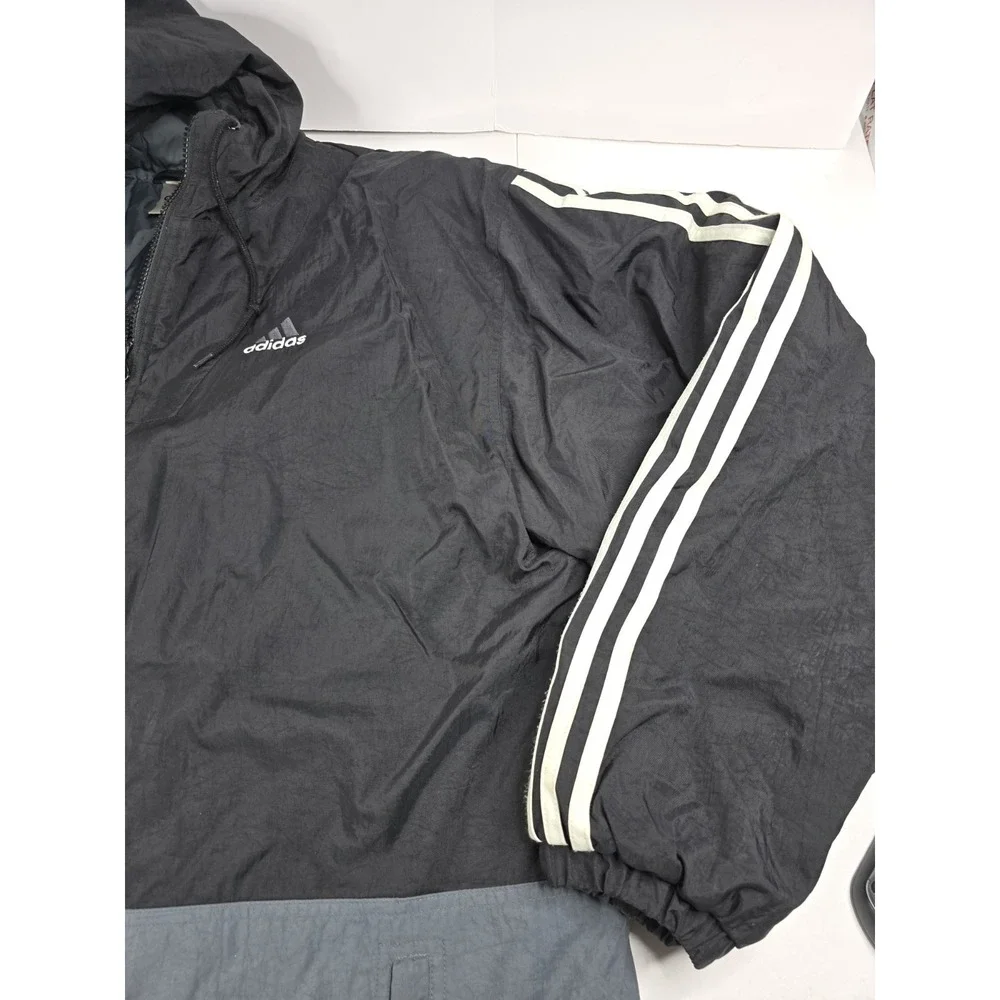 Vintage Adidas Black Gray Winter Hooded Oversized Quilted Jacket Mens Size Large